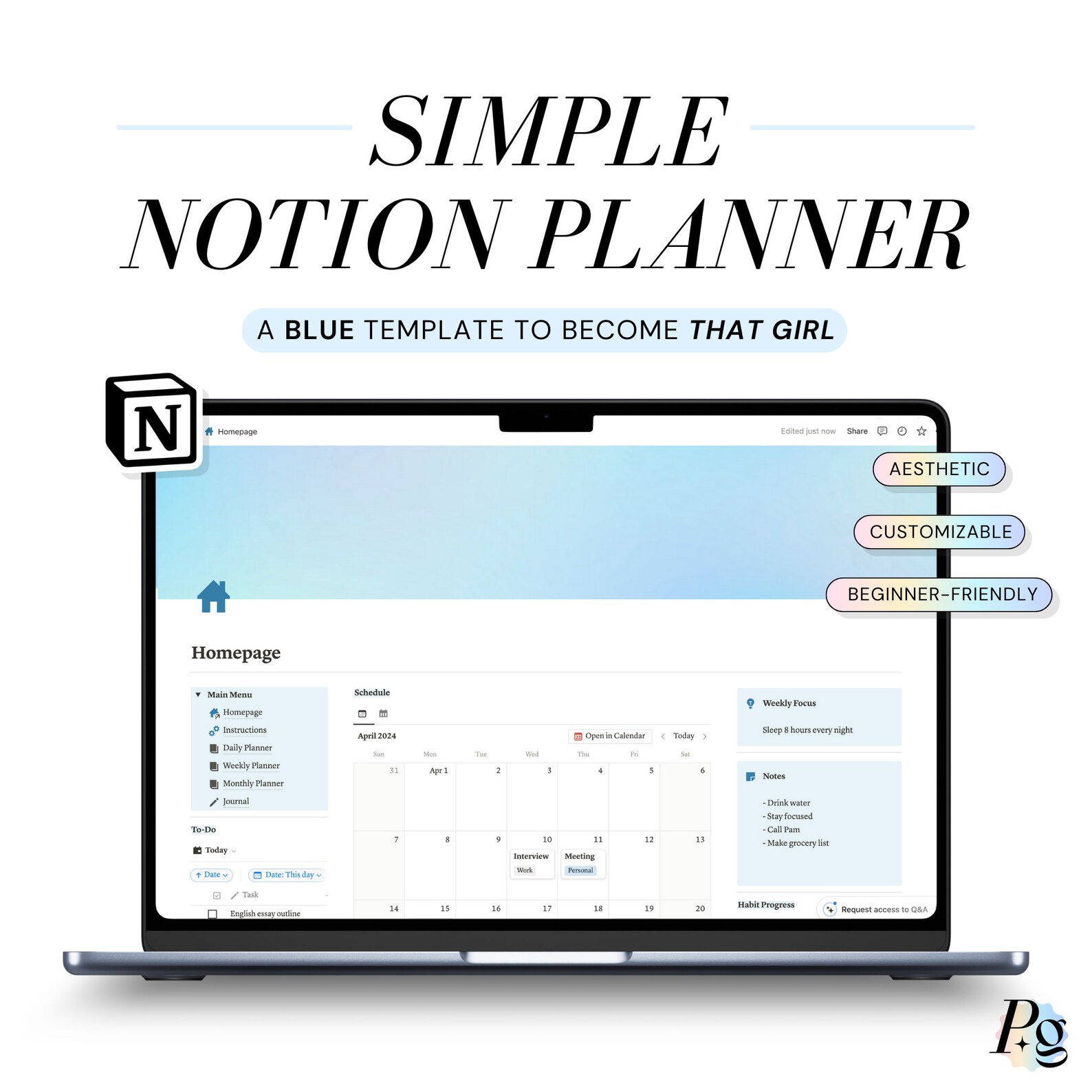 Simple Notion Customizable Simple Notion Planner - Notion Template, Digital Planner, Aesthetic ...