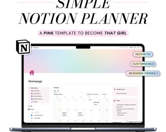 Può includere: Uno screenshot di un modello di pianificatore Notion su un laptop. Il modello è rosa e presenta un calendario, una lista di cose da fare e una sezione note. Il testo "SIMPLE NOTION PLANNER" è visualizzato nella parte superiore dello schermo. Il testo "A PINK TEMPLATE TO BECOME THAT GIRL" è visualizzato sotto il titolo. Le parole "AESTHETIC", "CUSTOMIZABLE" e "BEGINNER-FRIENDLY" sono visualizzate in caselle sul lato destro dello schermo.