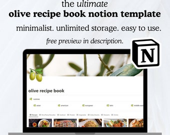 Aesthetic Olive Recipe Book Notion Template | Digital Cookbook, Recipe Notebook, Digital Recipe Book, Recipe Book Template, Recipe Planner