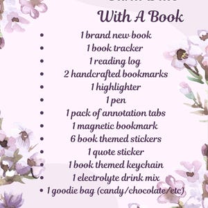 May include: A light purple graphic with the text "Included In Every Blind Date With A Book". The list includes a new book, book tracker, reading log, bookmarks, highlighter, pen, annotation tabs, magnetic bookmark, stickers, keychain, drink mix, and a goodie bag.