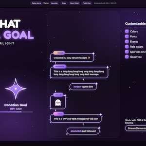 Könnte beinhalten: Ein digitales Interface-Overlay mit dem Titel CHAT & GOAL STARLIGHT in Violett mit leuchtenden Chat-Blasen, einer Spenden-Zielanzeige von 134 $ von 200 $ und einer Liste anpassbarer Optionen wie Farben, Schriftarten, Ereignisse und Rollenfarben.