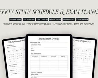 May include: Three digital tablets displaying a study planner. The top text reads "WEEKLY STUDY SCHEDULE & EXAM PLANNER". The planner includes sections for assignment tracking, exam calendars, and task monitoring. The tablets show monthly overviews and semester planning.
