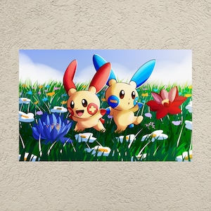 Plusle en Minun spelen in bloemenveld: matte posterprint van 17 x 11 inch