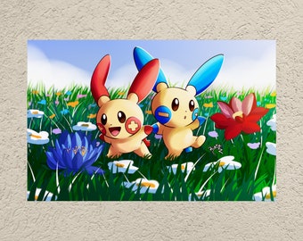 Plusle und Minun spielen in einer Blumenwiese - 17 "x 11" Matte Poster Print