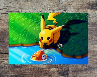 Pikachu and Magikarp - 17"x11" Matte Horizontal Poster