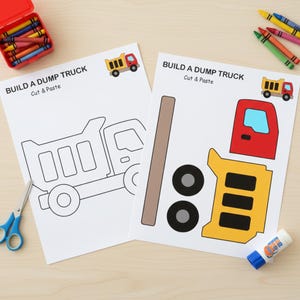 Camión volquete: actividad para recortar, colorear y pegar / Manualidad imprimible de un vehículo de construcción para niños