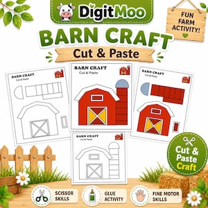 May include: A digital printable activity set titled Barn Craft Cut & Paste featuring three pages with outlines and colored versions of a red barn with a silo. The pages include text labels, a cow logo, and icons for scissors, glue, and motor skills.