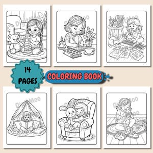 Coloring Book, Cozy Girl Moments, Hand-Drawn Pages, Bold and Easy, Printable PDF, Coloring Page, By DigitMoo, PDF File, A4 Size
