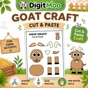 May include: A printable goat craft cut and paste activity sheet featuring a brown goat head, body, ears, horns, and hooves. The page includes the text GOAT CRAFT Cut & Paste, surrounded by farm-themed graphics, a wooden sign, and icons for scissors, glue, and fine motor skills.
