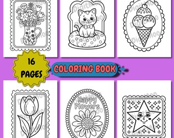 Puede incluir: Un libro para colorear con 16 páginas, con varias ilustraciones en blanco y negro. Los diseños incluyen flores en un jarrón, un gato, un cono de helado, un tulipán, una margarita y una estrella. Las palabras "COLORING BOOK" también son visibles.