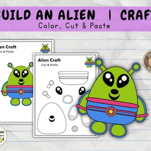 May include: A digital craft kit with the text "BUILD AN ALIEN | CRAFT Color, Cut & Paste." The kit includes printable pages with a green alien design, ready to be colored, cut, and assembled. A "DIGITAL DOWNLOAD" icon is visible.