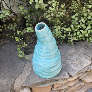Handmade Ceramic Worm Vase - Turquoise Sculptural Stoneware, Twisting Ribbed Form