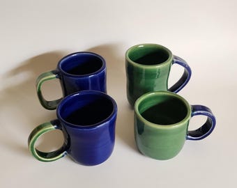 Royal Blue & Forest Green Coffee Cups - Wheel-Thrown Ceramic Mugs, Set of Four