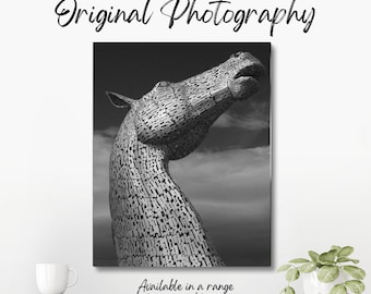 Original monochrome photograph of one of The Kelpies, a unique art installation by the Forth and Clyde Canal between Glasgow and Edinburgh.