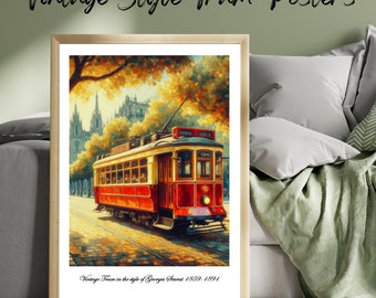 Vintage Tram in the style of post-impressionist painter Georges Seurat 1859-1891. Printed on textured watercolour paper.