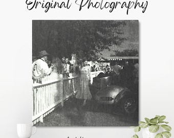 Original black and white photograph of a the paddock at the Goodwood Revival, taken on expired film which gives a unique vintage appearance.