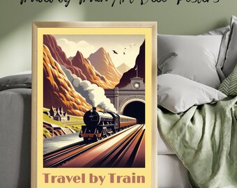 Viaggio in treno - Poster di viaggio Art Déco in stile vintage di un treno a vapore che entra in un tunnel in Scozia, stampato su carta da acquerello strutturata.