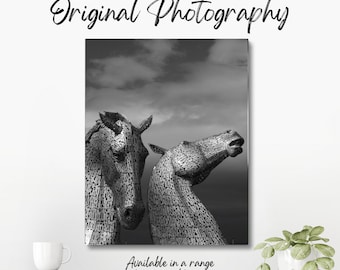 Original monochrome photograph of The Kelpies, a unique art installation by the Forth and Clyde Canal between Glasgow and Edinburgh.