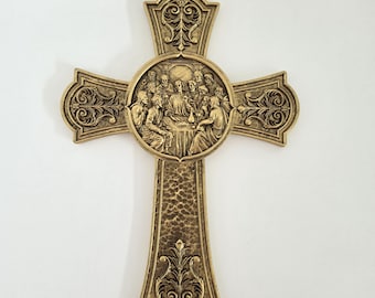 Crucifijo de madera tono dorado de la Última Cena (Nuevo)