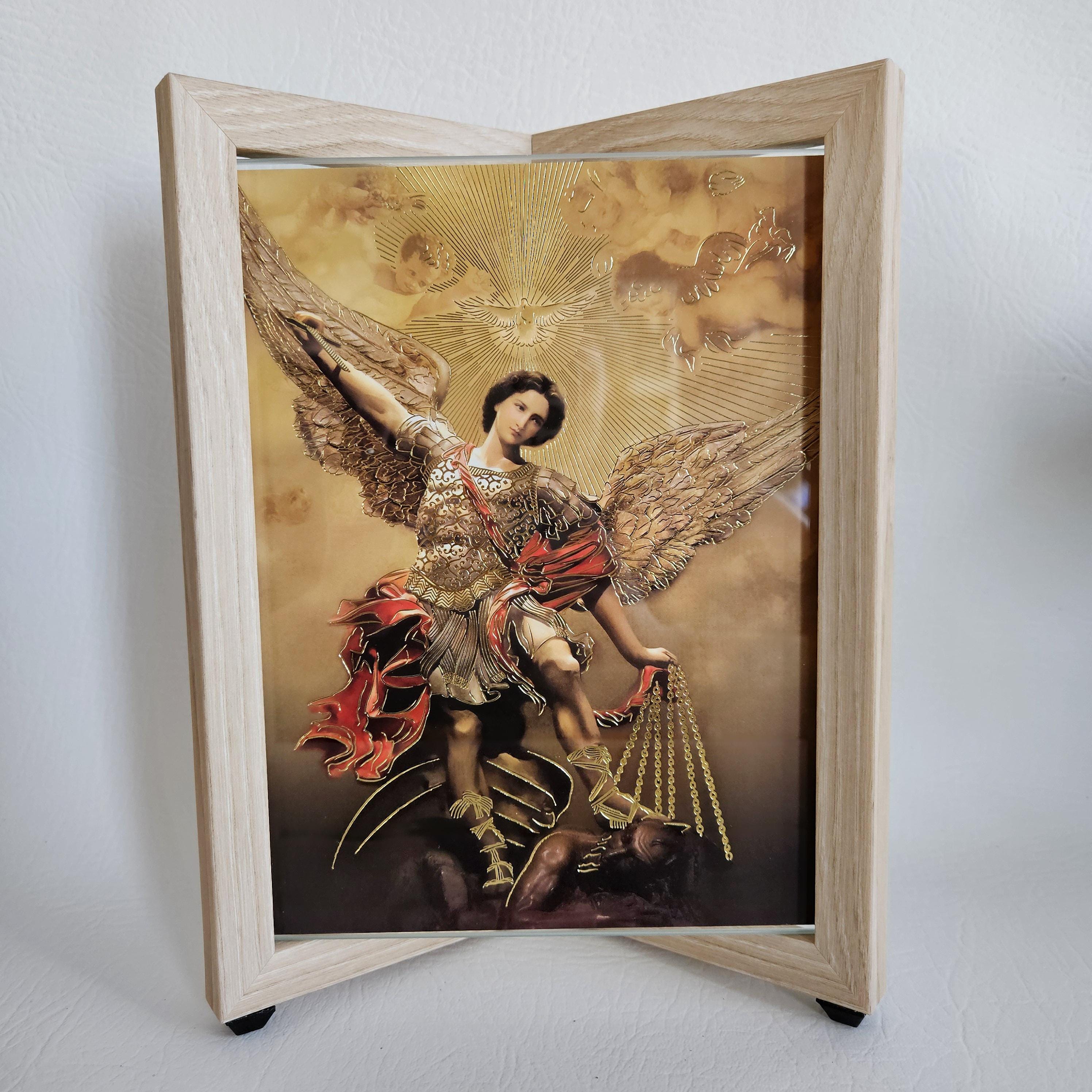St Michael Arcangel Gold Foil Image Natural Wood Frame 7 × 9 Inches