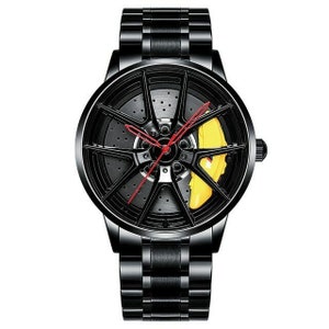 BMW M5 BLK/SLV 3D Brake Caliper Wheel Watch: Steel, Leather