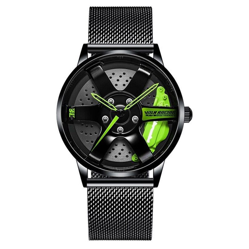 TE37 Green 3D Brake Caliper Wheel Watch : Steel, Leather or Mesh Band