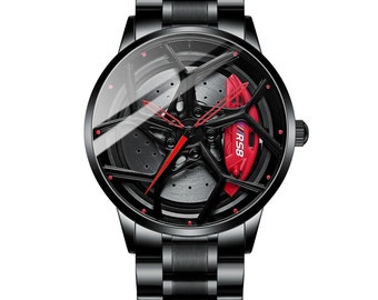 Audi RS8 3D Brake Caliper Wheel Watch (Red or Yellow): Steel, Leather, Mesh Band