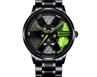 TE37 Green 3D Brake Caliper Wheel Watch : Steel, Leather or Mesh Band