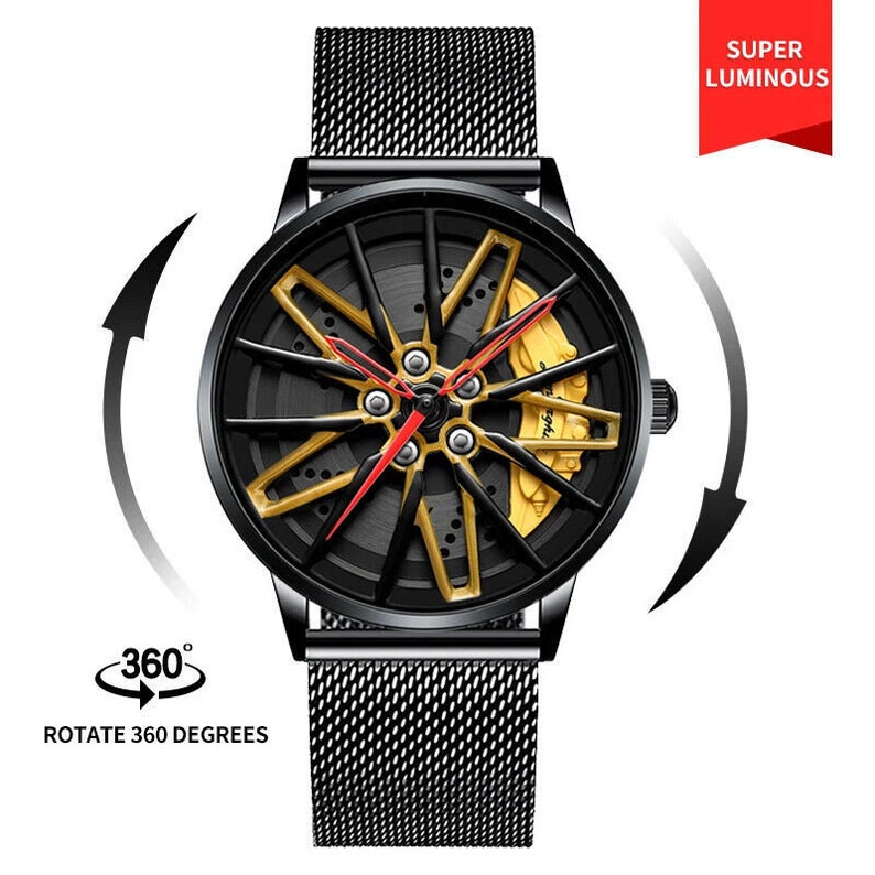 Spinning Lamborghini 3D Brake Caliper Wheel Watches Red, Yellow Lambo-Yellow-Mesh