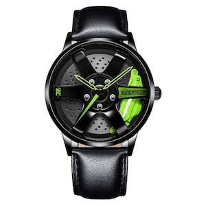 TE37 Green 3D Brake Caliper Wheel Watch : Steel, Leather or Mesh Band
