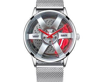 TE37 Volk Rays zilveren 3D remklauwwielhorloge: stalen, lederen of mesh band