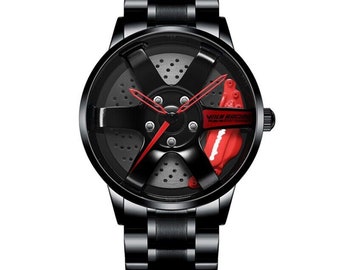 Montre TE37 rouge 3D avec étrier de frein : acier, bracelet en cuir ou en maille