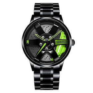 TE37 Green 3D Brake Caliper Wheel Watch : Steel, Leather or Mesh Band