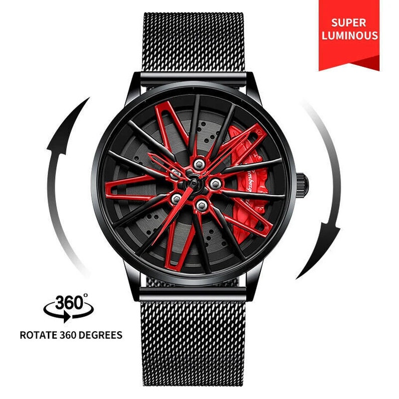 Spinning Lamborghini 3D Brake Caliper Wheel Watches Red, Yellow Lambo-Red-Mesh