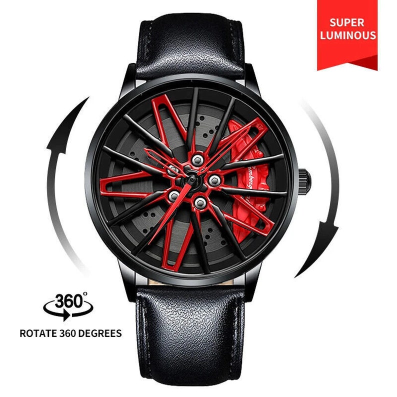 Spinning Lamborghini 3D Bremssattel Rad Uhren Rot, Gelb Lambo-Red-Leather