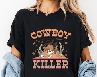 Camiseta vaquera Comfort Colors, camiseta con estampado de calavera del oeste, camiseta vaquera vintage de Halloween, top vaquero espeluznante, atuendo country western para mujer