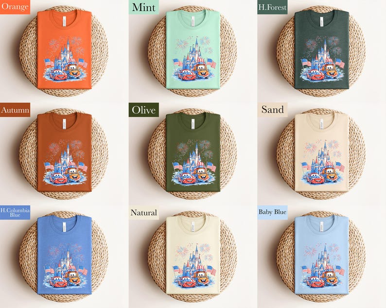 The image is a collage of nine different t-shirt designs, each with a unique color and pattern. The t-shirts are arranged in a 3x3 grid, with each row containing three shirts. The designs include a castle, fireworks, and cartoon characters. The colors of the t-shirts are orange, mint, green, and blue.