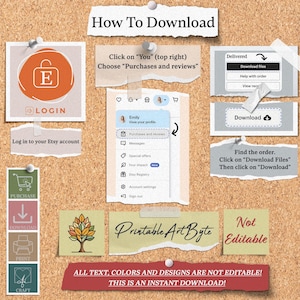 May include: A corkboard with instructions on how to download a digital product from Etsy. The guide includes steps like logging in, finding the order, and clicking the download button. Text includes "How To Download" and "Printable Art Byte."