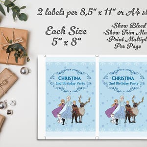 May include: Two labels per sheet, each 12.7cm x 20.3cm, with a light blue background and a design featuring characters from a popular animated movie. The labels are for a "2nd Birthday Party" and include the name "Christina".