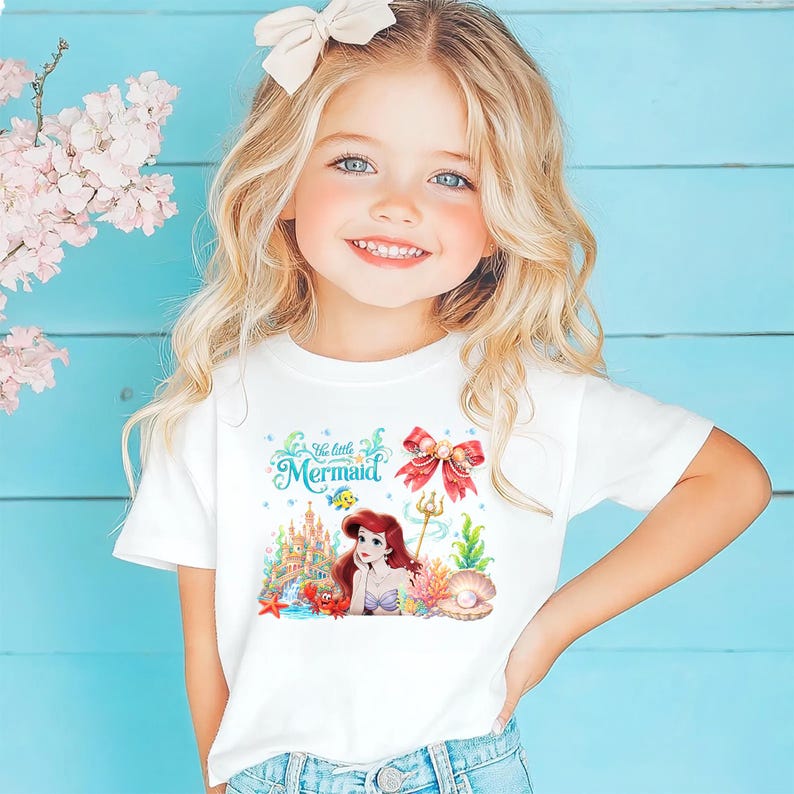 A young girl with blonde hair wearing a white t-shirt with a mermaid graphic and text, smiling at the camera.
