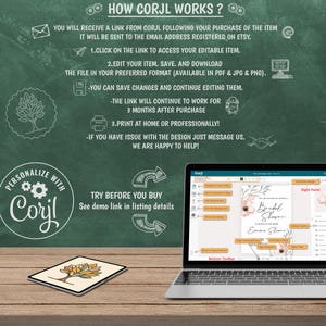 May include: A laptop screen showing a "Bridal Shower" invitation design, with a tablet displaying a similar design on a wooden surface. The image includes text explaining how to use Corjl for editing and printing digital items.