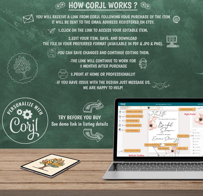 May include: A laptop screen showing a "Bridal Shower" invitation design, with a tablet displaying a similar design on a wooden surface. The image includes text explaining how to use Corjl for editing and printing digital items.