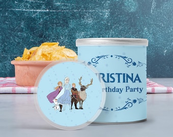 Druckbares Gefrorenes Pringles Etikett, Elsa und Anna Snack Tube Etikett, Kinder Partydekoration, druckbare Party Snacks, bearbeitbare Chip Tasche, 0001