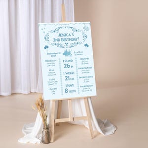 Puede incluir: Un letrero de cumplea&ntilde;os azul claro sobre un caballete, con el texto "JESSICA'S 2ND BIRTHDAY!" y detalles sobre la altura del ni&ntilde;o (66 cm), el peso (9.5 kg) y otros datos. El letrero est&aacute; decorado con ilustraciones caprichosas.