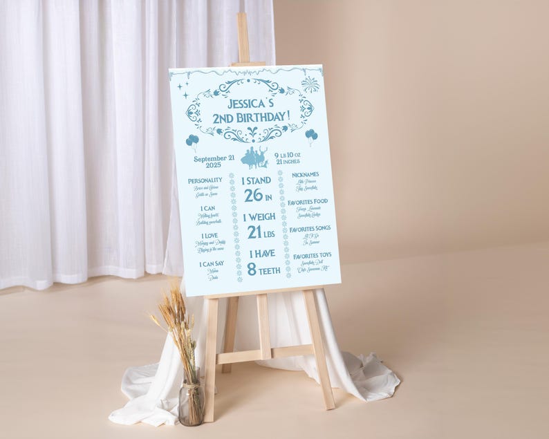 Puede incluir: Un letrero de cumplea&ntilde;os azul claro sobre un caballete, con el texto "JESSICA'S 2ND BIRTHDAY!" y detalles sobre la altura del ni&ntilde;o (66 cm), el peso (9.5 kg) y otros datos. El letrero est&aacute; decorado con ilustraciones caprichosas.