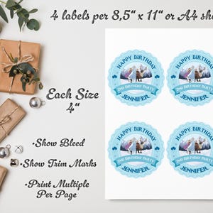 May include: A sheet of four blue and white birthday labels with the text "Happy Birthday" and "2nd Birthday Party Jennifer". The labels are 10.16 cm in diameter and are designed to be printed on A4 sheets.