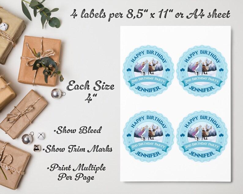 May include: A sheet of four blue and white birthday labels with the text "Happy Birthday" and "2nd Birthday Party Jennifer". The labels are 10.16 cm in diameter and are designed to be printed on A4 sheets.