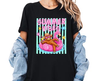 Camiseta con estampado de vaca de las Tierras Altas y ambiente veraniego, camiseta con flotador de flamenco para piscina, camiseta divertida de vaca playera, camiseta para vacaciones de verano, estampado de vaca tropical, regalo para fiestas en la piscina