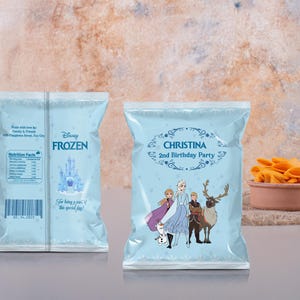 Printable Frozen Chip Bag Label, Elsa and Anna Chip Template, Kids Party Decoration, Printable Party Snacks , Editable Chip Bag, 0001