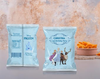 Etiqueta imprimible para bolsa de papas fritas de Frozen, plantilla de papas fritas de Elsa y Anna, decoración para fiestas infantiles, refrigerios imprimibles para fiestas, bolsa de papas fritas editable, 0001